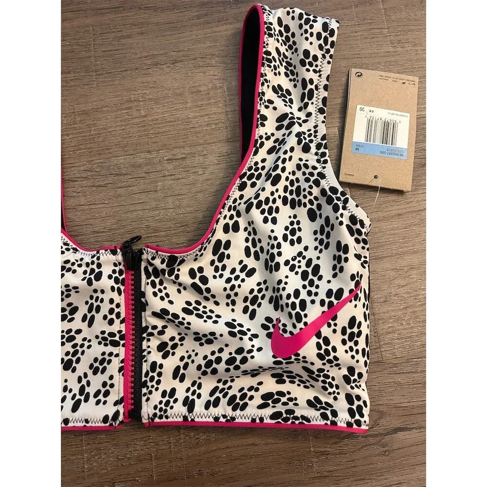 Nike Swim Bikini Top Womens M White Black Polka Dot Zip Front Pink Trim